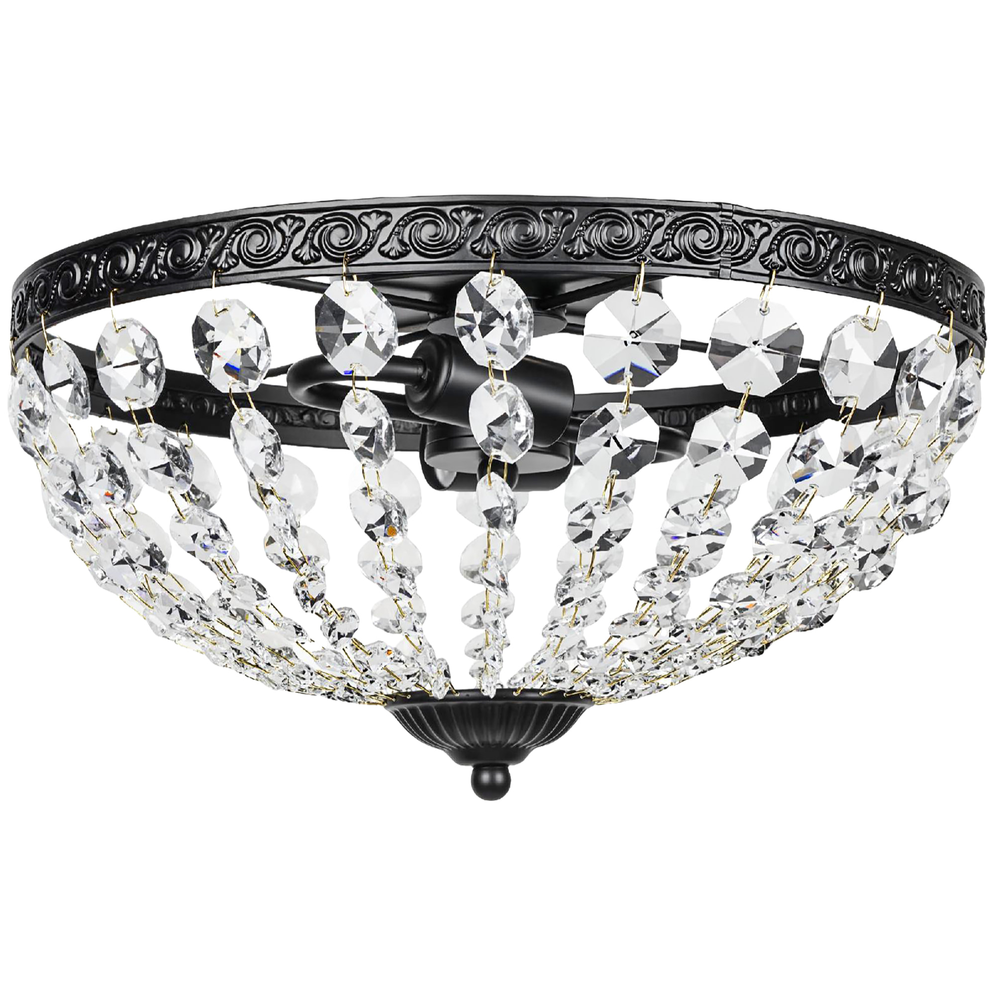 Lámpara de Techo de Cristal Clásica con 2 Casquillos E14, 40W, Plafón de Techo Vintage con 168 Cuentas de Cristal para Dormitorio, Salón, Cocina y Comedor, Negro