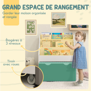 Bibliothèque étagère multi-rangement enfant - 3 étagères, grand tiroir - MDF blanc vert