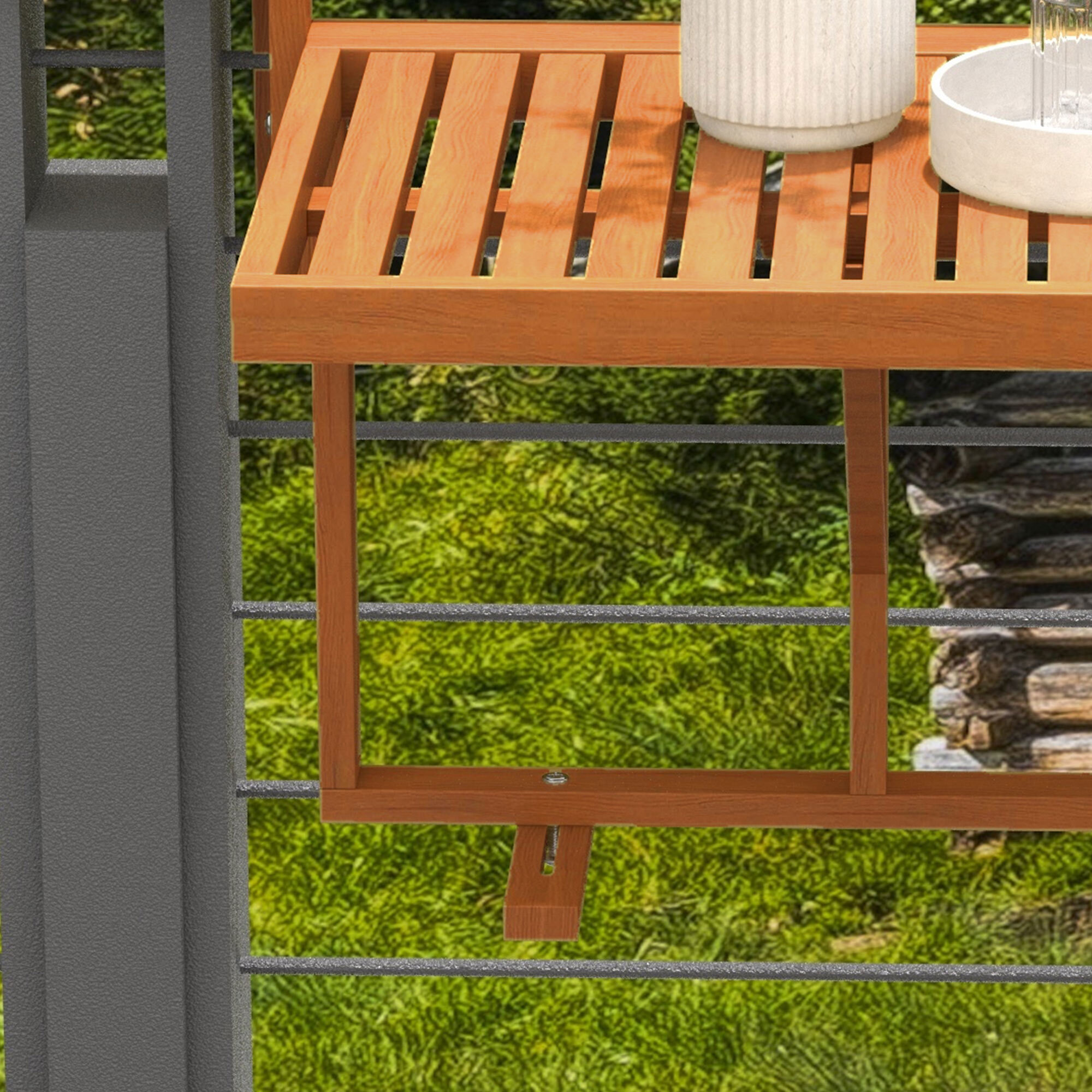 Outsunny Mesa Colgante de Balcón Mesa para Balcón Plegable de Madera con Altura Ajustable en 4 Niveles Carga 20 kg para Terraza 68x65x40,5-55 cm Madera Natural