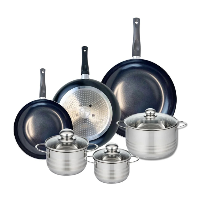 Ensemble de 3 Poêles de cuisson 24, 28 et 32 cm et 3 faitouts 14, 16 et 20 cm Elo Prima Brillant