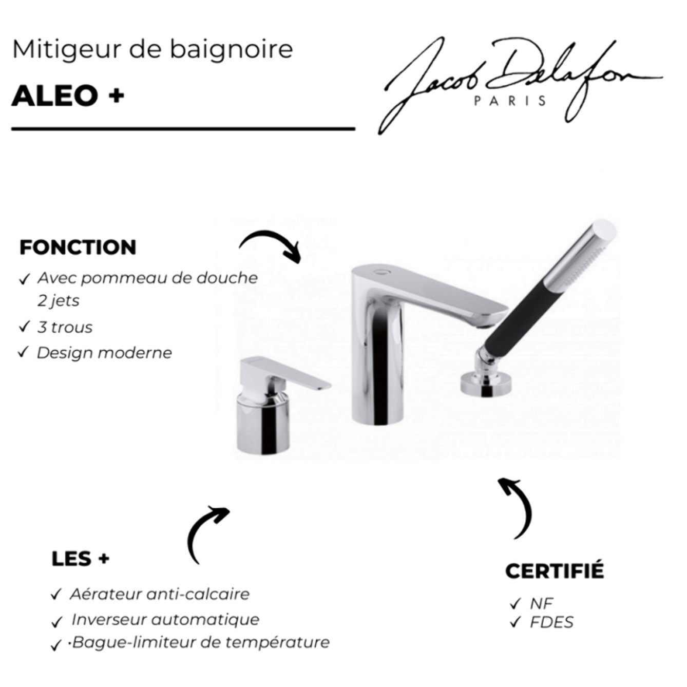 Mitigeur baignoire Aleo+ 3 trous + pommeau de douche + flexible