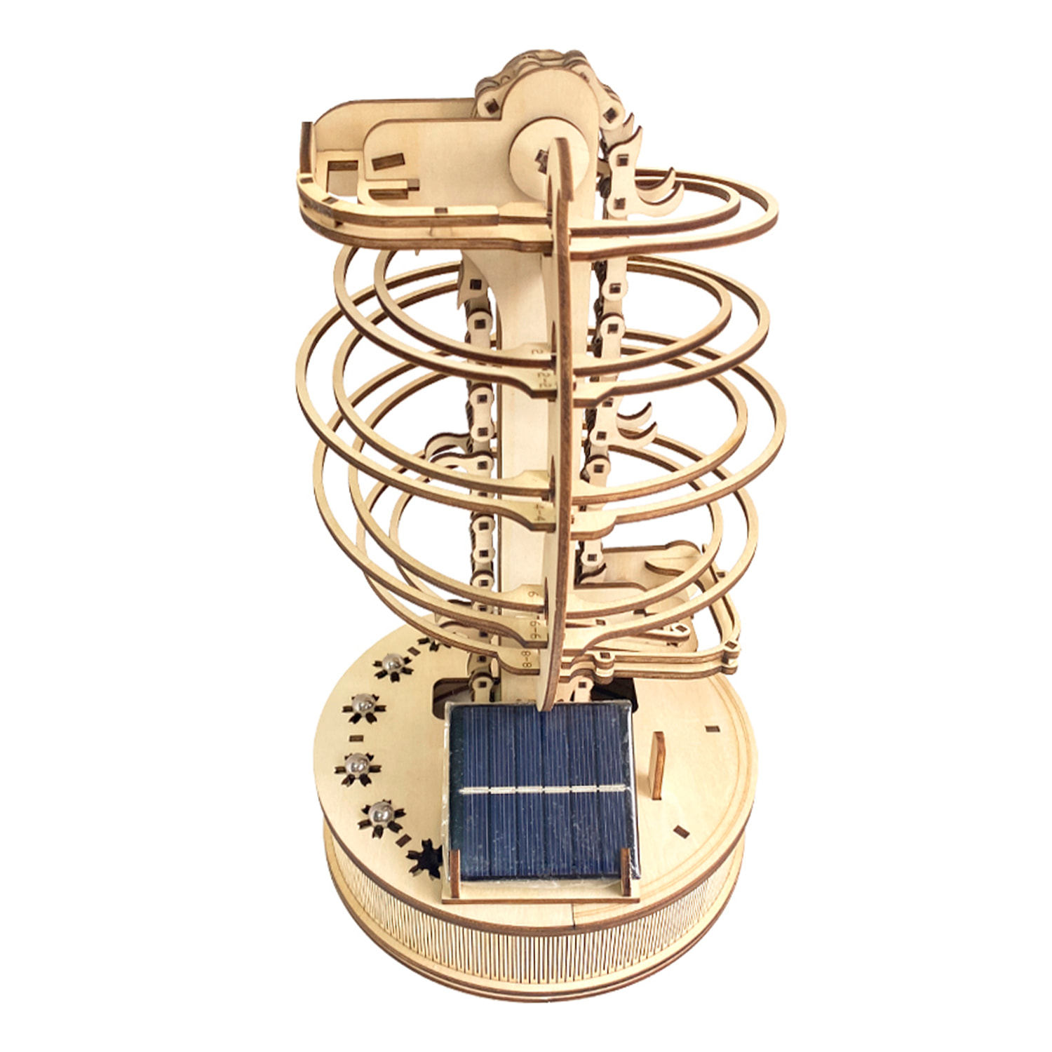 Maqueta de Madera 3D, con movimiento mecánico diseño de Pista de bolas en orbita con panel Solar.