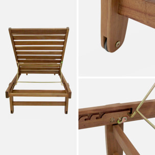 Set de 2 bains de soleil en Acacia – AREQUIPA – Transats avec coussins kaki et roulettes. multi positions