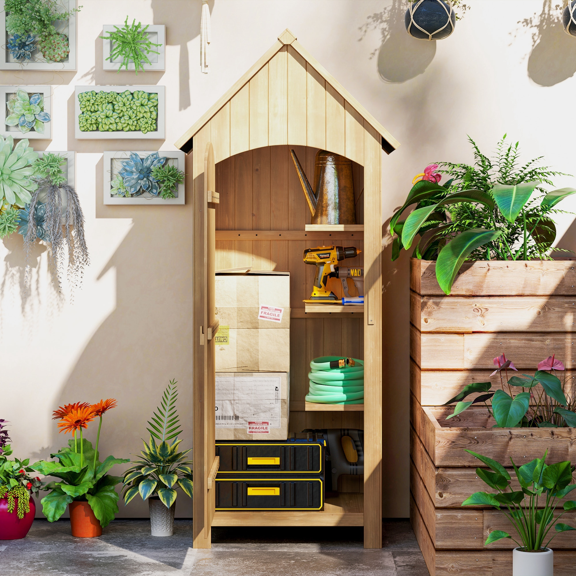Caseta Jardín Exterior de Madera 77,5x54,2x179,5 cm 0,3 m² Cobertizo Jardín Exterior Armario para Almacenaje de Herramientas con 3 Estantes y 2 Puertas con Cerrojo para Patio Terraza Natural