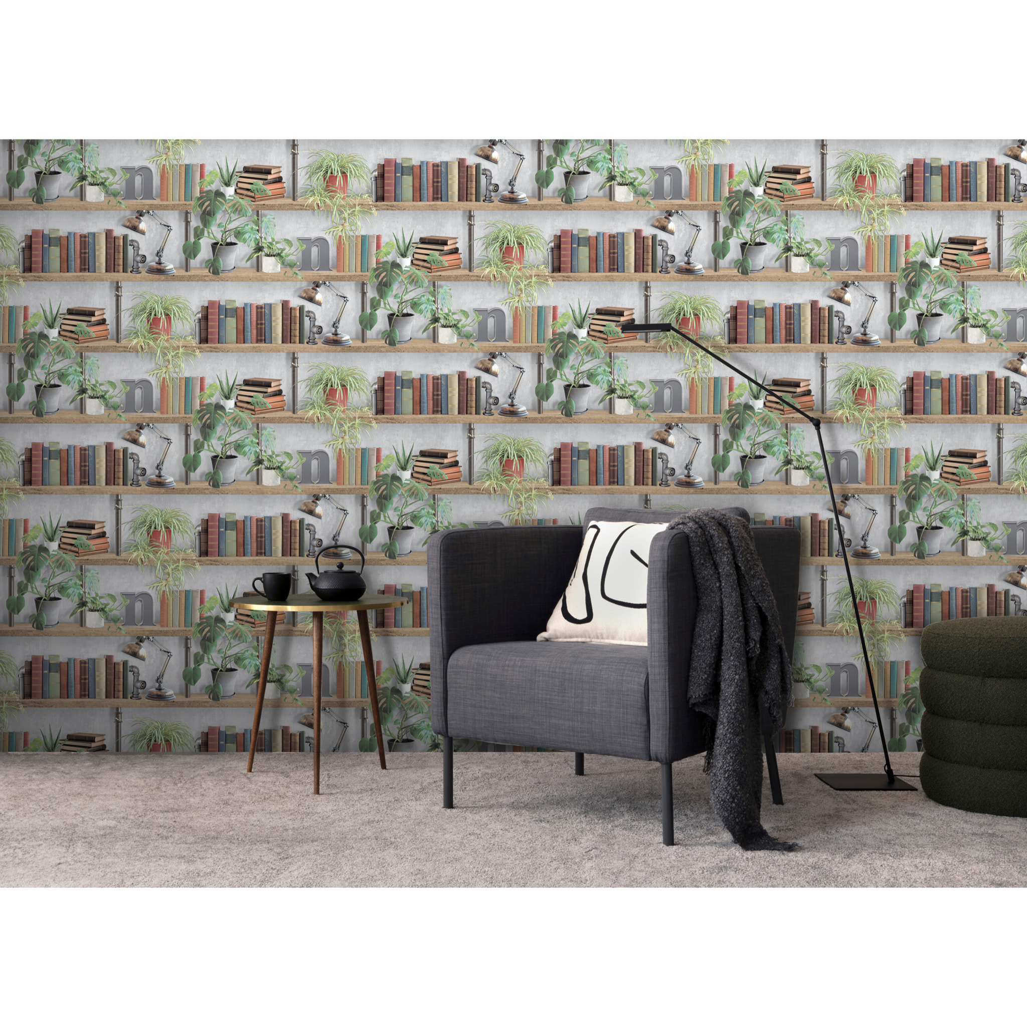 Papier peint bibliothèque livres plantes style loft
