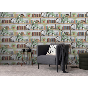 Papier peint bibliothèque livres plantes style loft