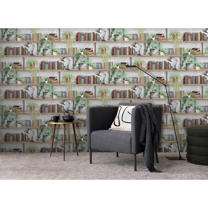 Papier peint bibliothèque livres plantes style loft