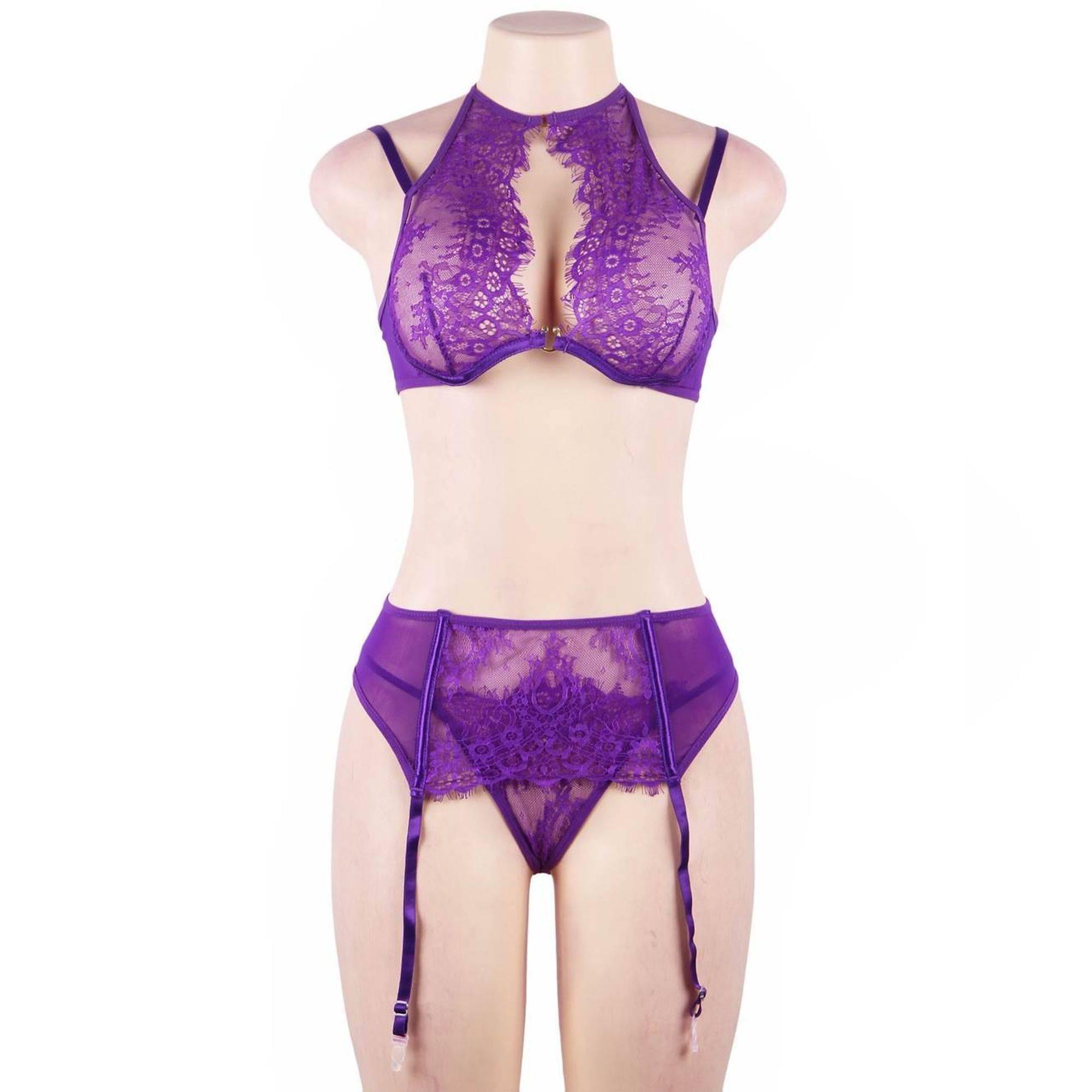 Conjunto lencero morado cuello halter con liga