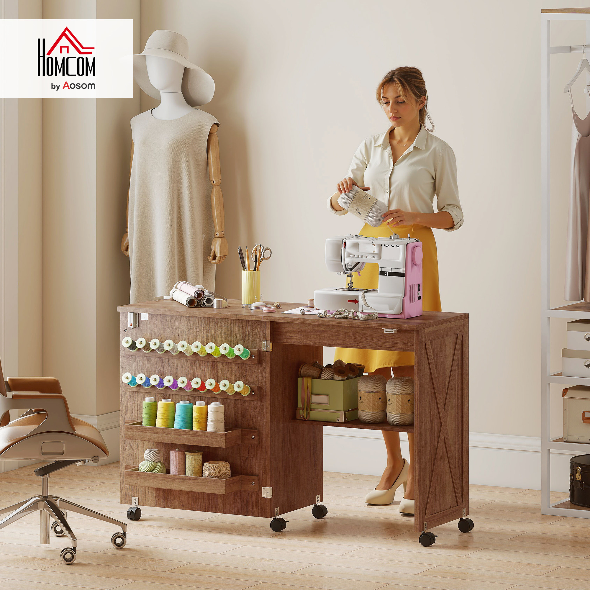 Table de couture pliable mobile 2 bacs 18 porte-bobines étagère bois
