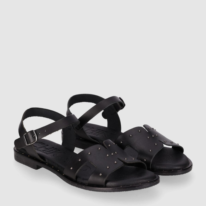 Sandalias de Piel - Negro - Tacón: Bajo