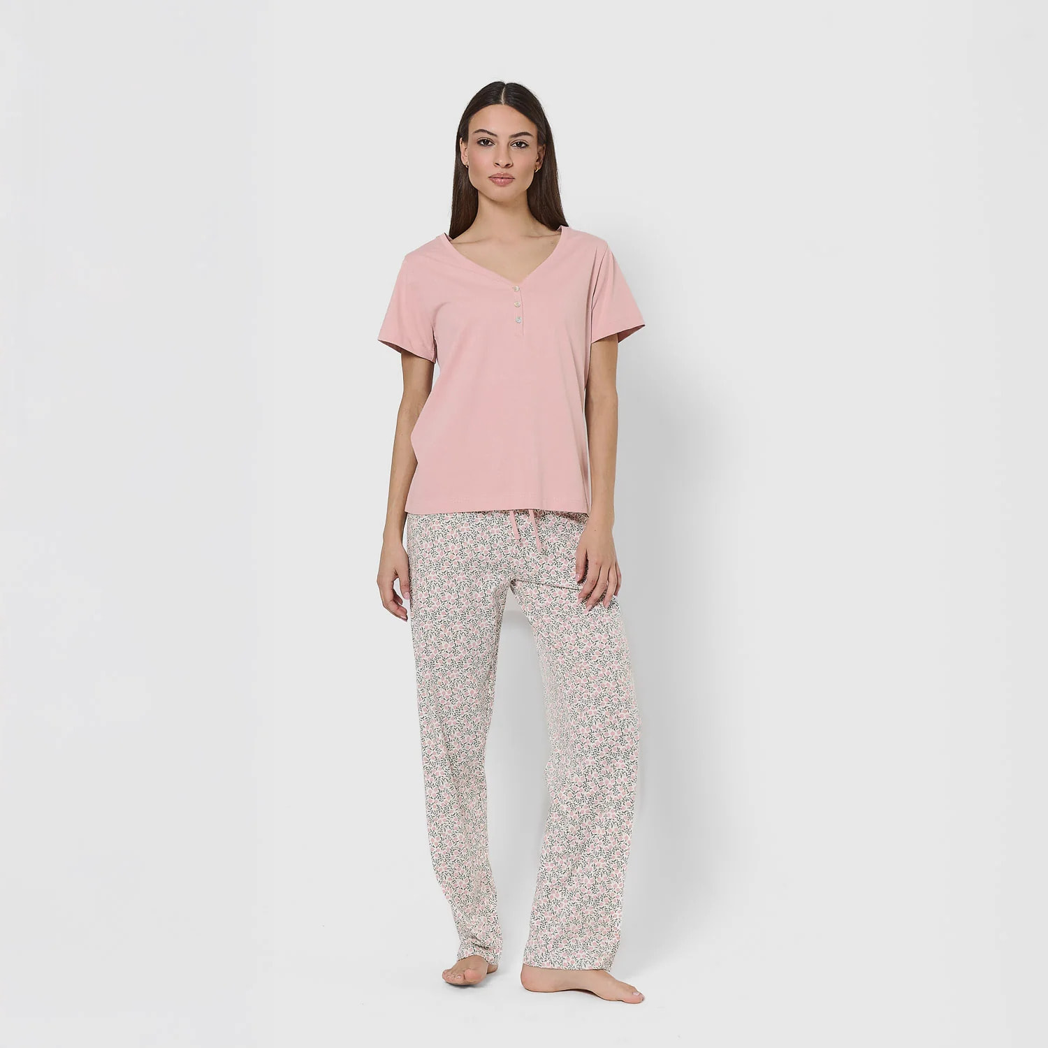 Pijama largo de algodón con escote pico alemania rosa