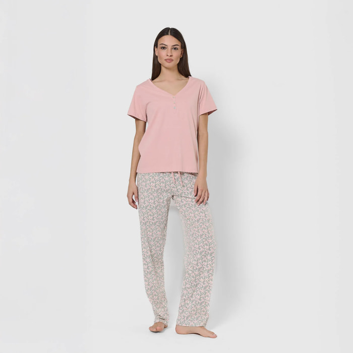 Pijama largo de algodón con escote pico alemania rosa