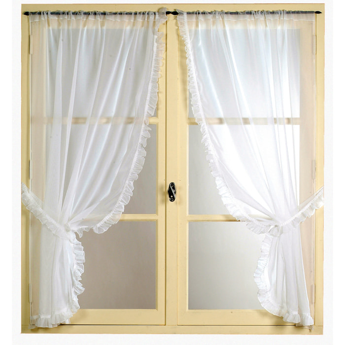 Paire de voilages romantique avec volant en poly-lin - Blanc