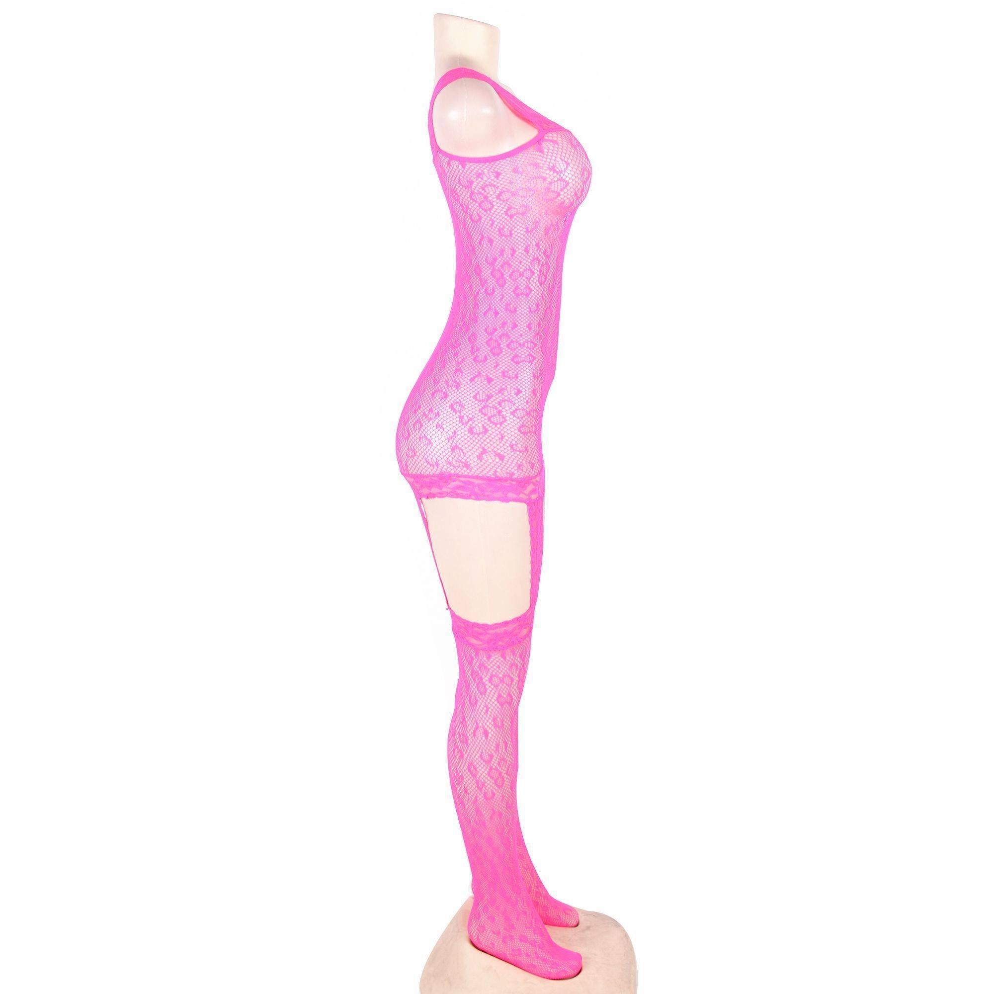 Bodystocking de red con estampado de leopardo y liguero en color rosa