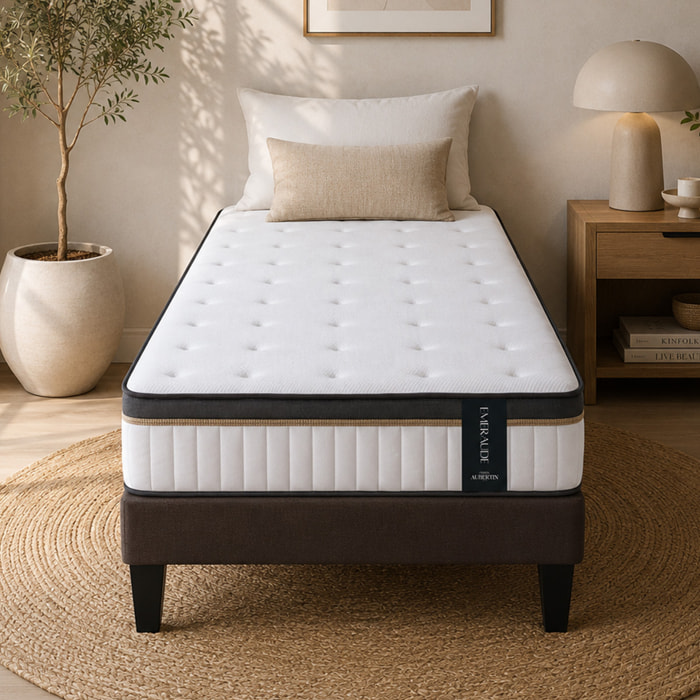Ensemble Matelas Émeraude & Sommier Kit Tissu, Mémoire de Forme & Air System, 24 cm, Accueil Moelleux, Soutien Ferme