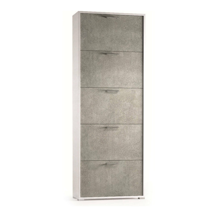 Scarpiera Surfinia, Mobile multiuso da ingresso con 5 ante a ribalta, Armadietto portascarpe a doppia profondità, 100% Made in Italy, Cm 67x28h183, Bianco e Cemento