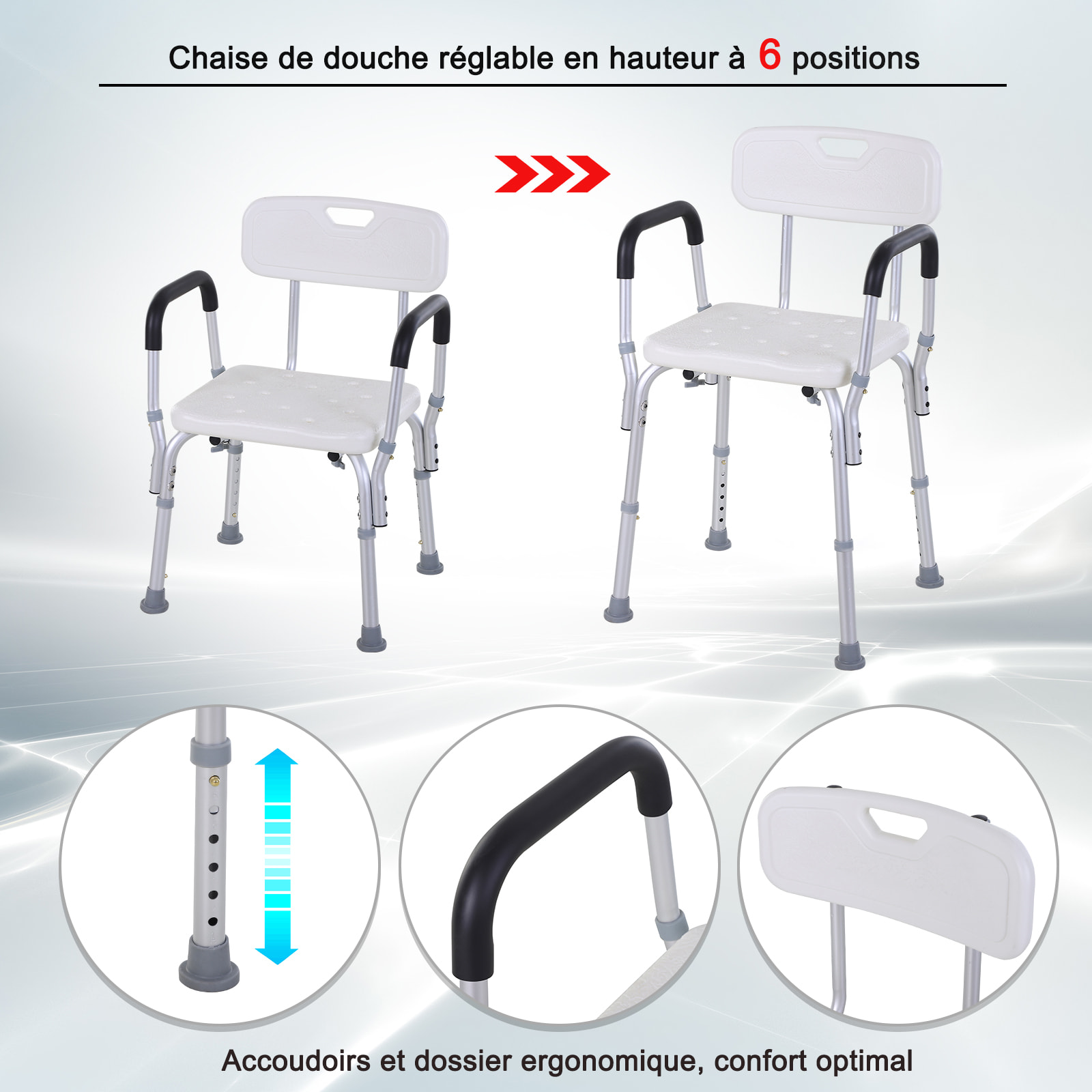 Chaise de douche siège de douche ergonomique hauteur réglable pieds antidérapants charge max. 135 Kg alu HDPE blanc