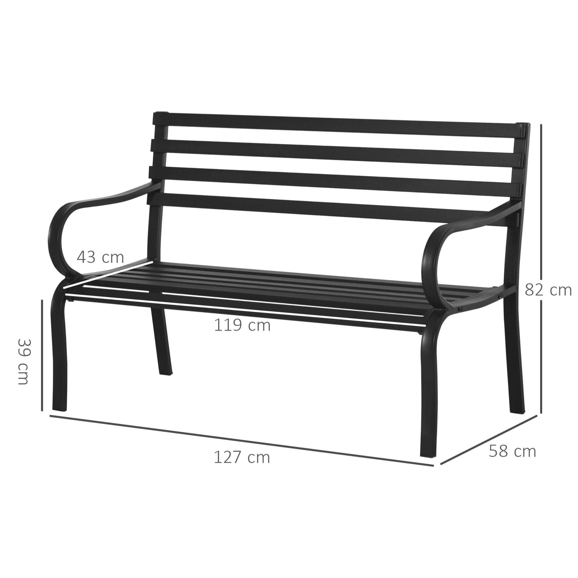 Banco de Jardín de Metal Banco de Exterior de 2 Plazas con Reposabrazos Carga 240 kg para Patio Terraza 127x58x82 cm Negro
