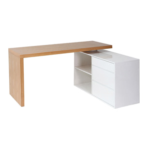 Bureau modulable design blanc brillant et bois clair frêne L160-235 cm NEW MAX