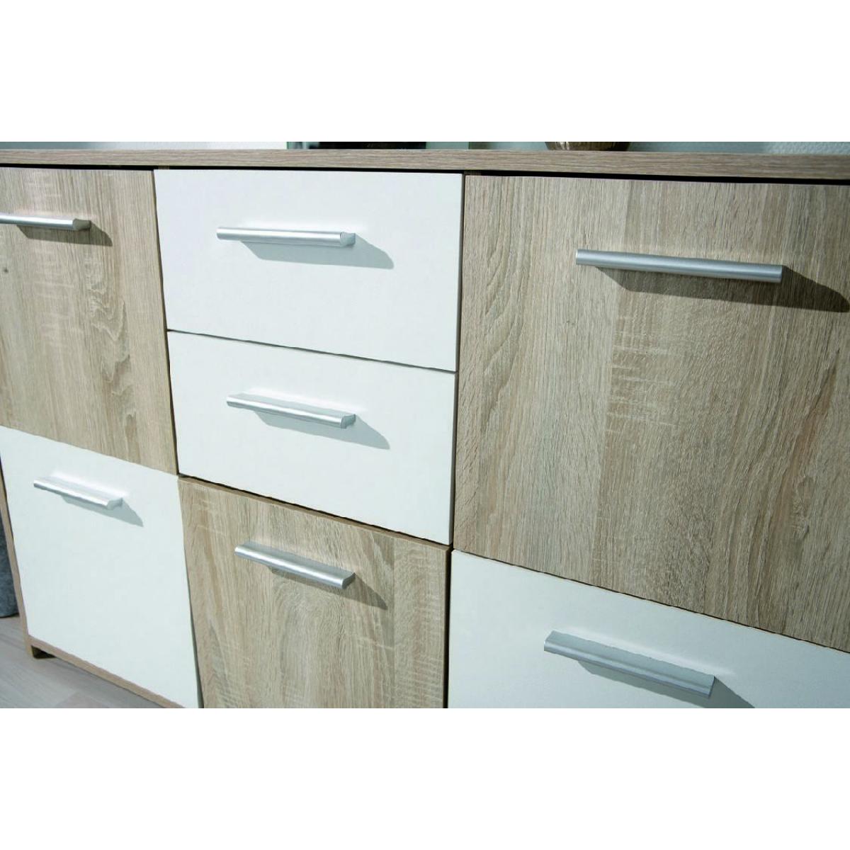 Credenza a cinque ante e due cassetti nella parte centrale, colore bianco e rovere, Misure 115 x 77 x 30 cm