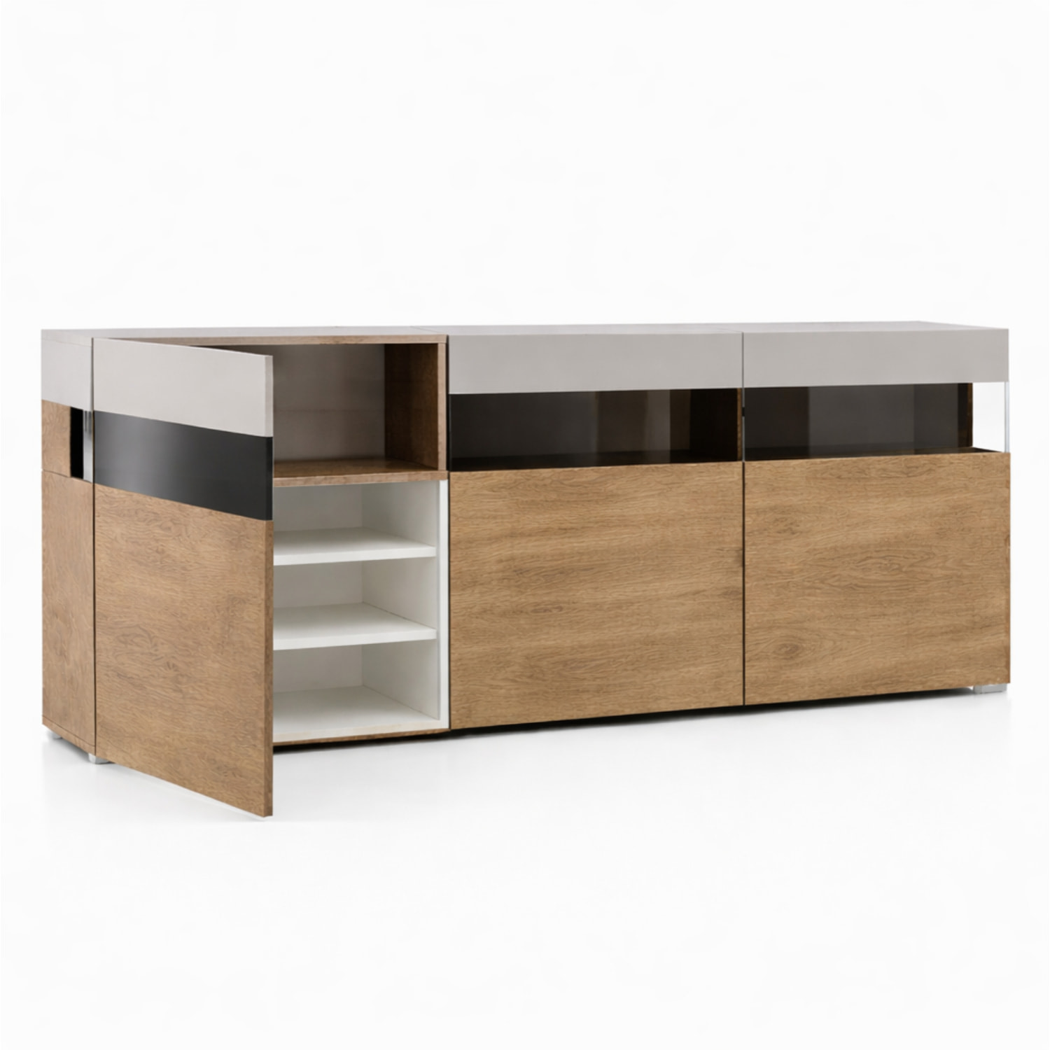 Madia Soggiorno 3 Ante Push-Pull 3 Vani A Giorno Vetro Mobile Credenza Moderna Per Zona Living Design Contemporaneo 180x 41.2x 80 Cm Noce E Cashmere