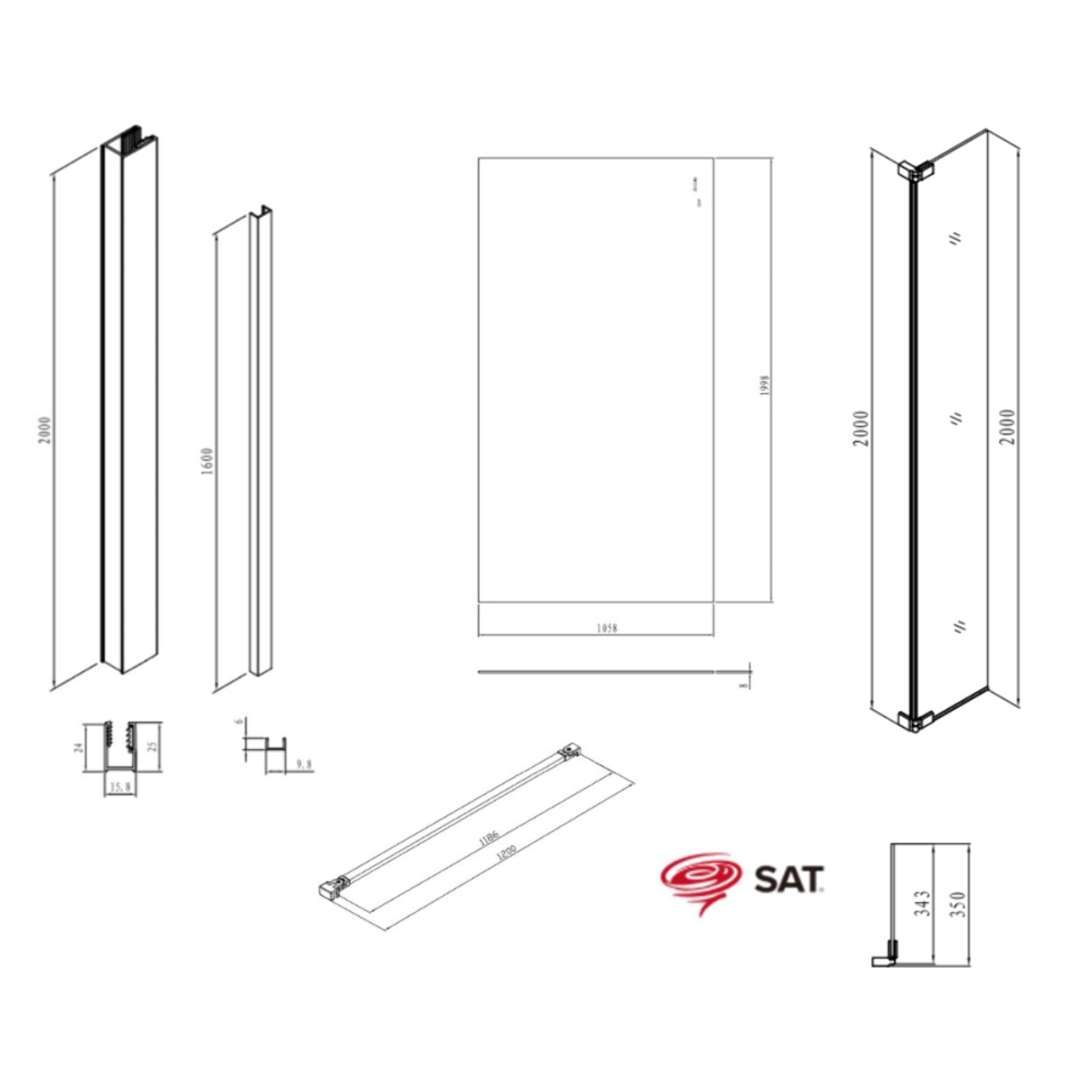 Walk-in 110x200cm Paroi et retour pivotant en verre Crystal Glass® 8 mm anticalcaire , avec bras et profilés noir mat