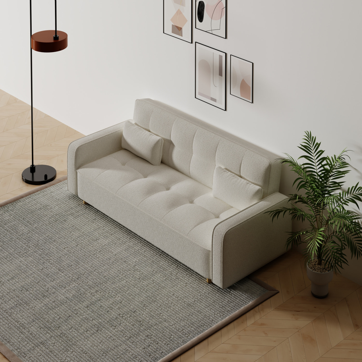 Canapé scandinave convertible 3 places en tissu bouclette blanc COOPER