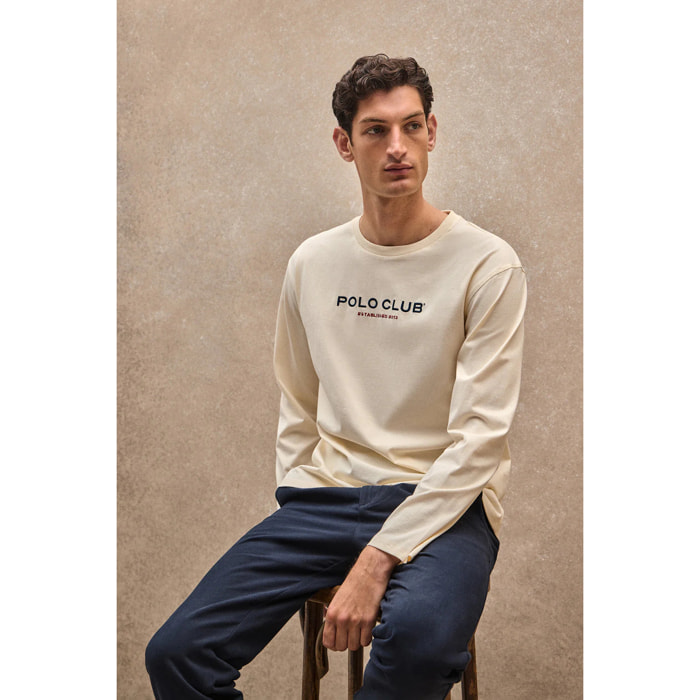 Camiseta color crudo de manga larga con logo Established 2012 Polo Club