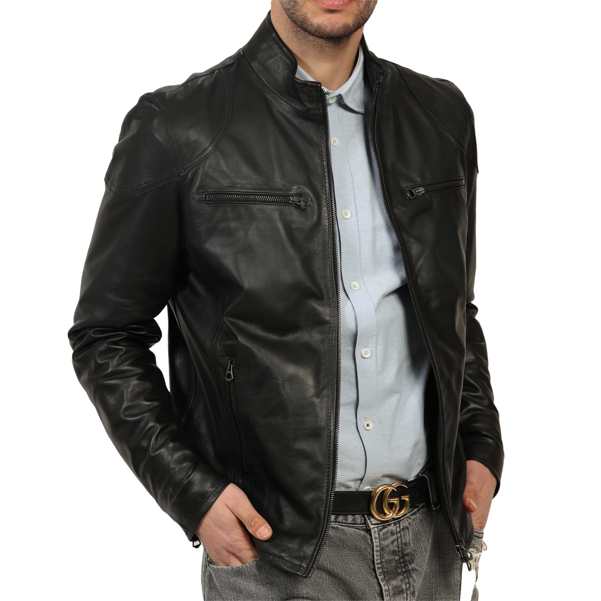 Giubbino in pelle di vitello nappa Nero-Slim Fit