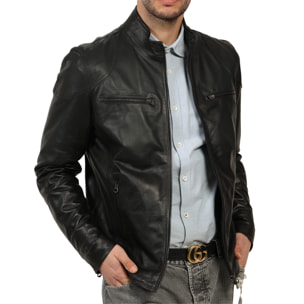 Giubbino in pelle di vitello nappa Nero-Slim Fit