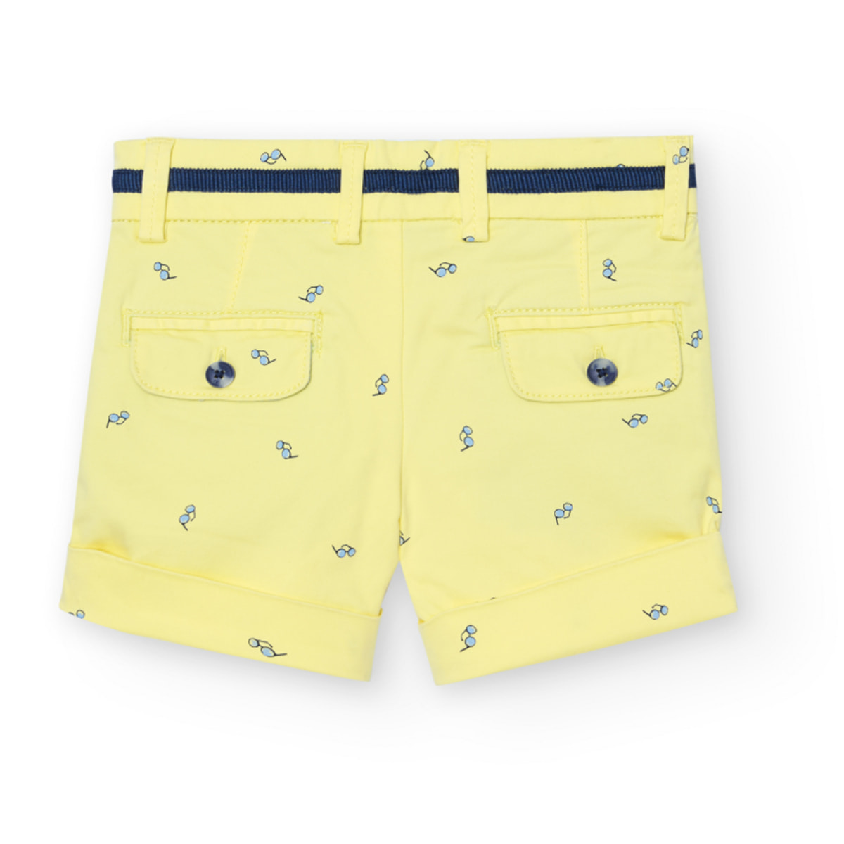 Bermudas niño, satén estampado, amarillo, cierre de botón