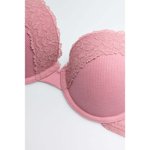 Reggiseno push-up a coste in pizzo rosa, coppa B