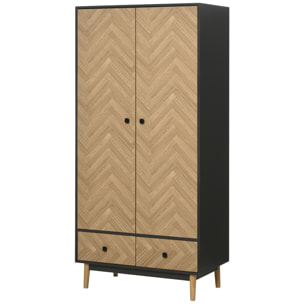 Armoire 2 portes 2 tiroirs design - 2 barres penderie, 2 niches - façades motif chevrons- gris foncé aspect bois clair