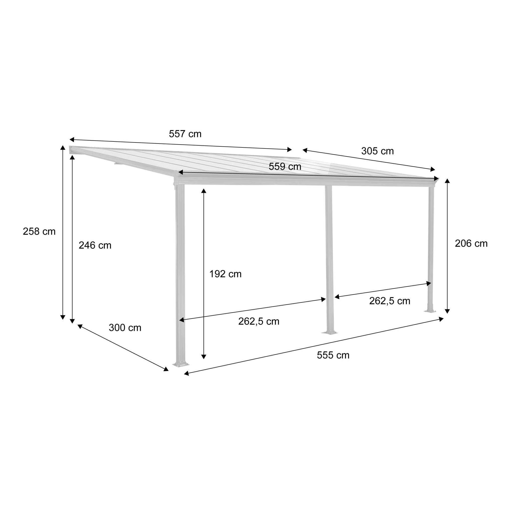 Pergola murale 3x5m anthracite en aluminium et polycarbonate avec gouttière. pergola adossée