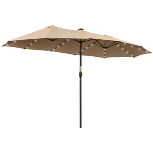Sombrilla Doble de Jardín con 48 Luces LED Solar 450x265x240 cm Parasol Grande de Exterior con Manivela Protección Solar para Terraza Balcón Piscina Caqui