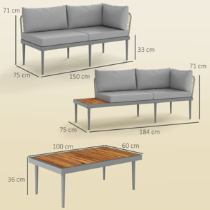 Salon de jardin design modulable 4 places 3 pièces acier coussins gris étagère plateau bois acacia