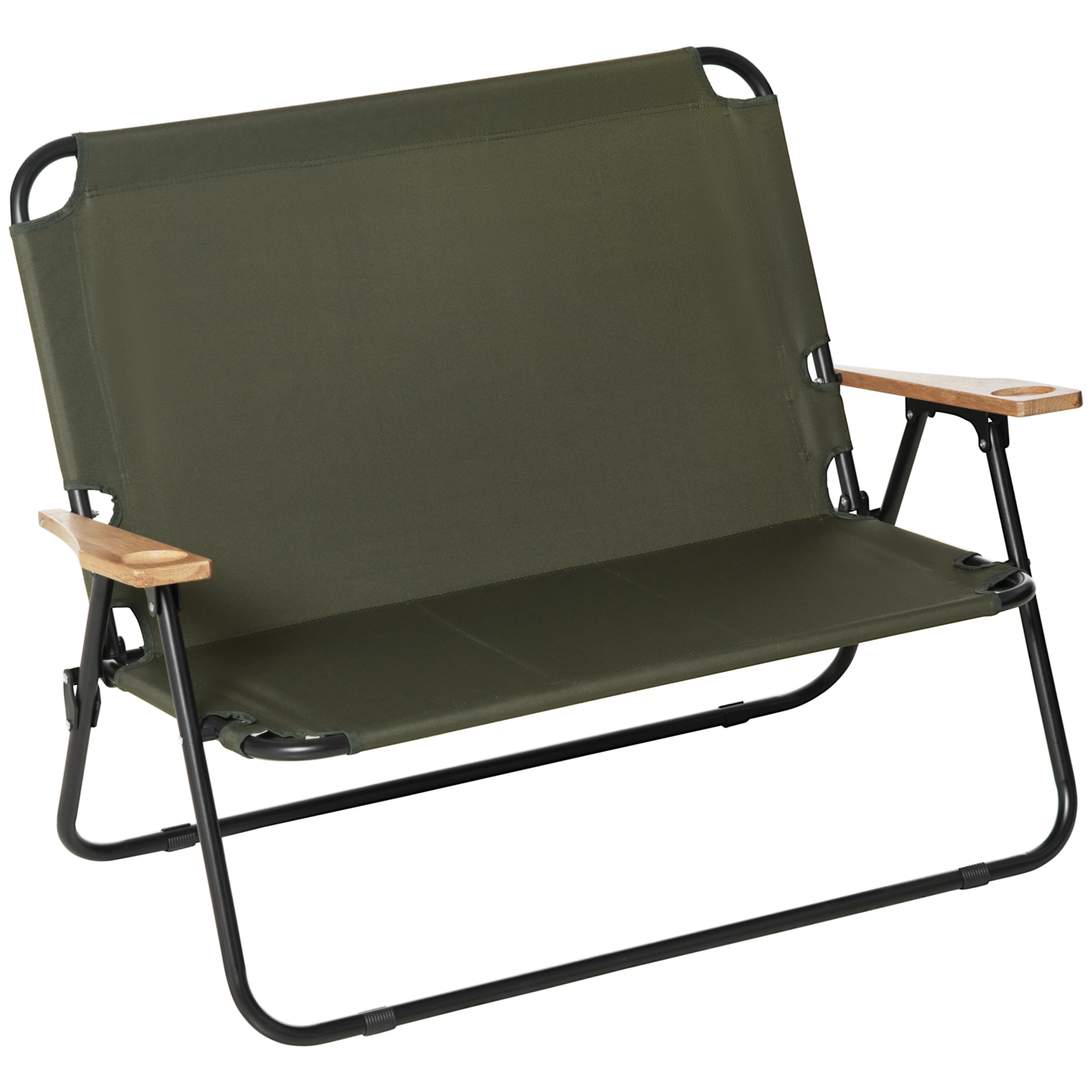 Banc 2 places pliable de camping - accoudoirs bois, porte-gobelets - acier noir Oxford vert