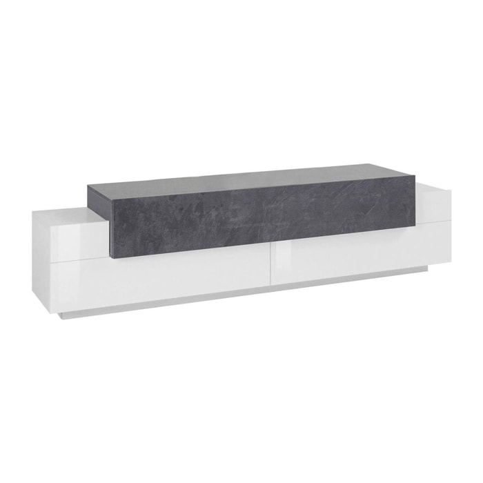 Mobile porta TV Arold, Credenza bassa da soggiorno, Base porta televisione, 100% Made in Italy, cm 200x45h52, Bianco lucido e Ardesia