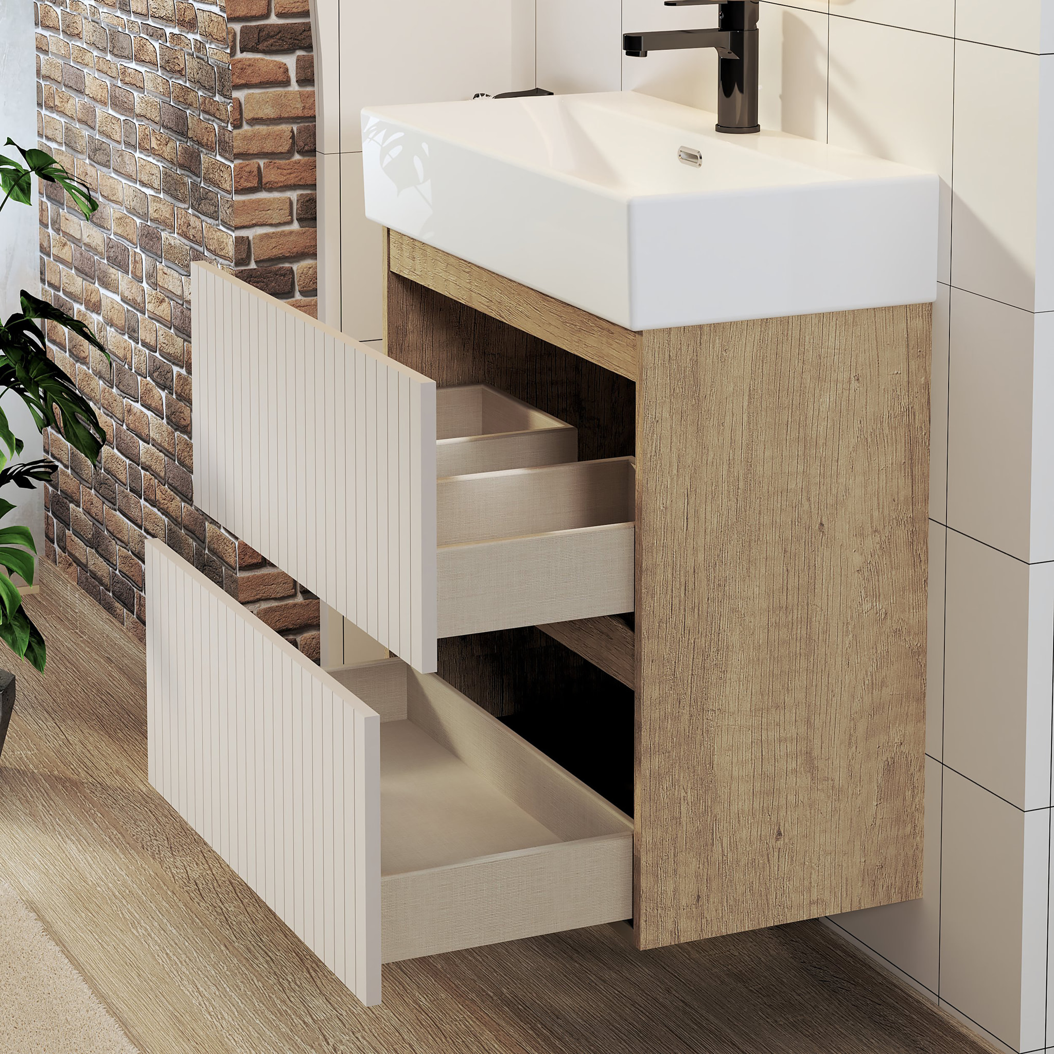 Ensemble de Salle de Bain Zel | Meuble Suspendu | 70 cm Glacier | Deux Tiroirs | Lavabo Encastré | Miroir non inclus | Meuble Monté | Alday