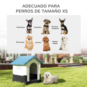 Caseta para Perros Mini para Exterior, Casa para Perros de Plástico con 3 Ventanas, Base Elevada, Techo de Tejas de Imitación, 64,5x57x66 cm, Azul