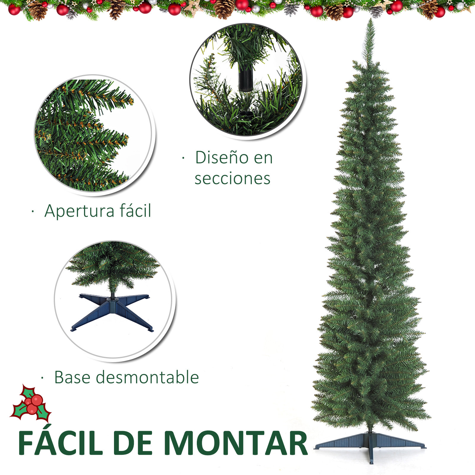 HOMCOM árbol de Navidad Artificial 210 cm Ignífugo con 499 Puntas de Rama PVC y Soporte de Metal Decoración Navideña para Interiores Fácil de Montar Verde