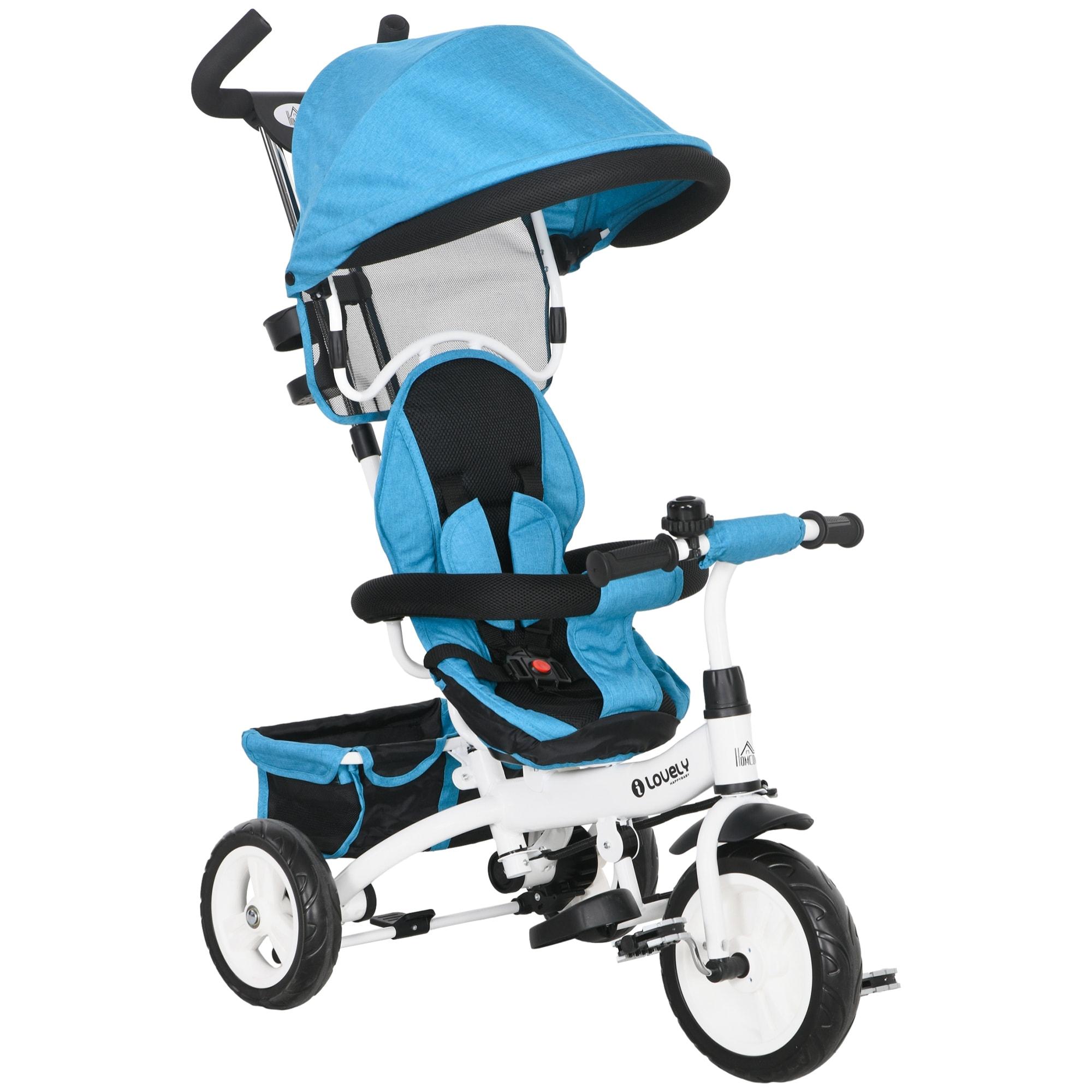 Triciclo Evolutivo para Bebés 6 en 1 Triciclo para Niños de 1-5 Años Bicicleta para Niños con Toldo Plegable Mango Telescópico Desmontable Cinturón de Seguridad y Cesto 95x50x106 cm Azul