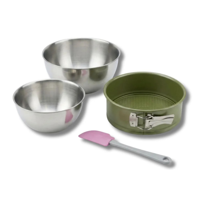 Ensemble avec 1 Moule à manqué à charnière, 1 spatule Zenker et 2 bols à mixer en inox Fackelmann
