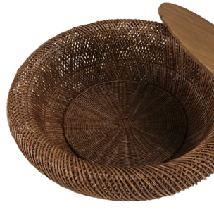 SIXTINE - Table basse en rotin couleur marron et bois de teck recyclé D100cm