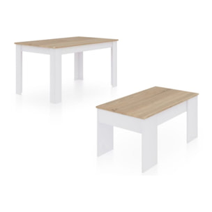 Pack mesa de comedor 123 y mesa de centro Vita Blanco Artik (Blanco Mate) - Roble Canadian