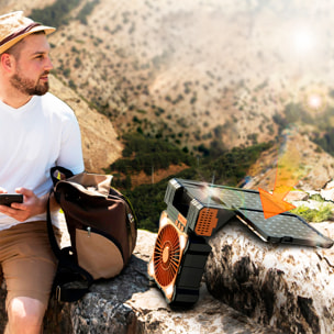Ventilador F904 de 5 velocidades con paneles solares duales, función antimosquitos, temporizador, luz LED con 3 intensidades, 80lm y power bank de 5200mAh.