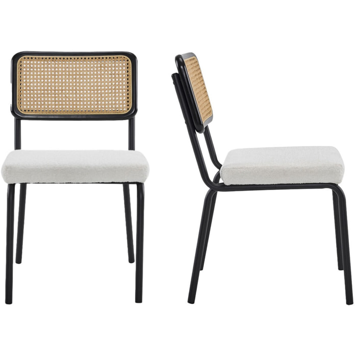 Lot de 2 chaises noires, cannage et tissu bouclé - PAULA
