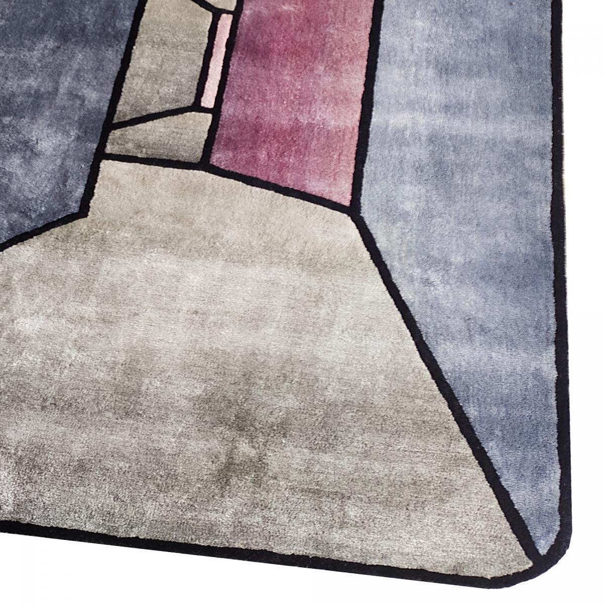 Tapis tufté main en laine et viscose, motif géométrique, tapis de haute qualité