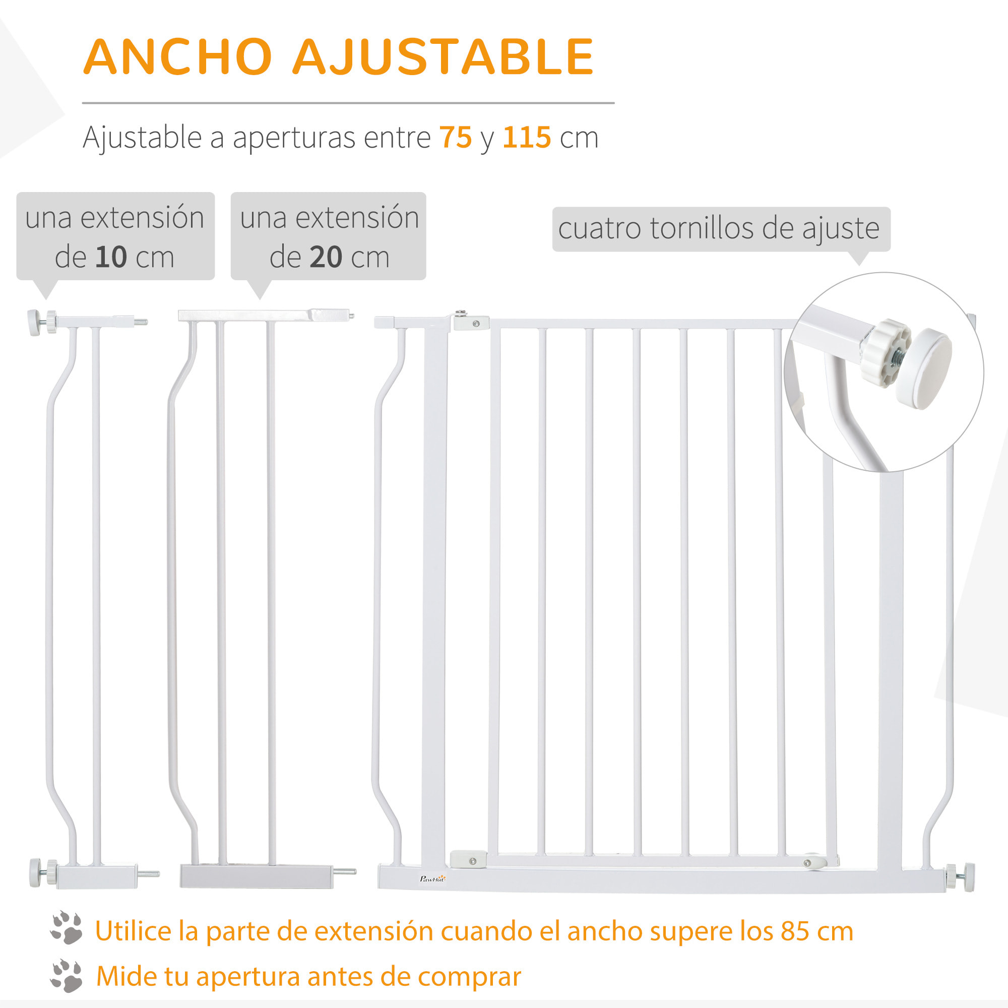 Barrera de Seguridad Perros para Escaleras 75-115 cm con 2 Extensiones 10/20 cm