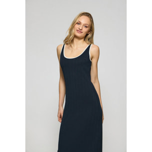 Vestito blu marino a coste con bretelle con bottone madreperlato